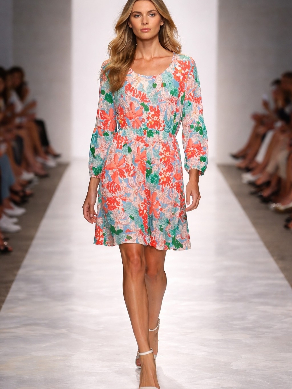 Floral Scoop Neck Midi Dress in Coral & Green